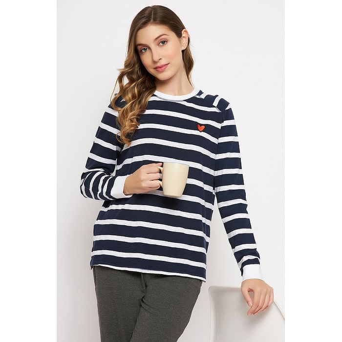 

Clovia Sassy Stripes Top in Navy - 100% Cotton - LT0160P08