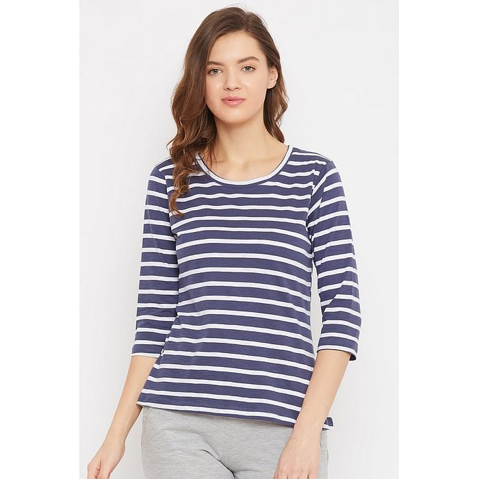

Clovia Sassy Stripes Top in Navy - Cotton Rich - LT0148E08
