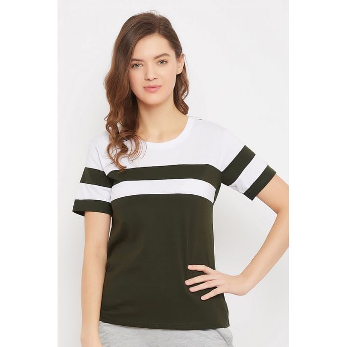 

Clovia Sassy Stripes Top in Olive Green - Cotton Rich - LT0156P17, Dark green