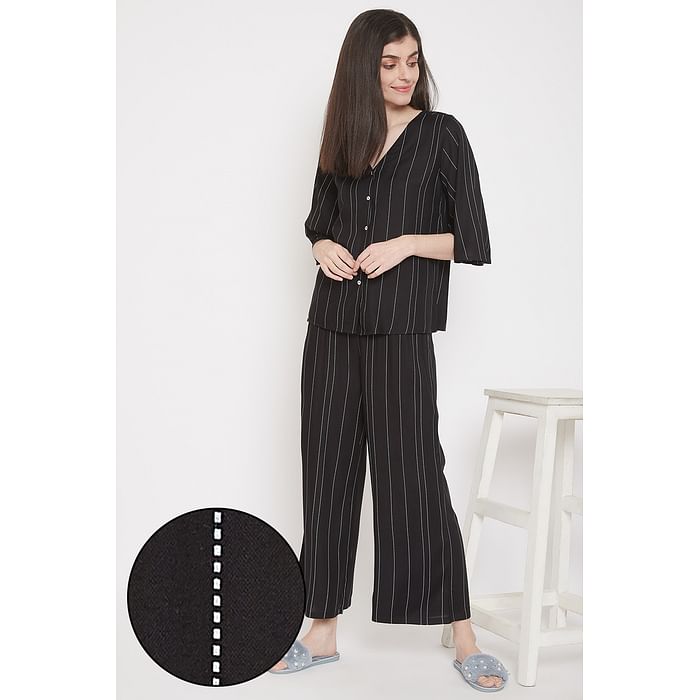 

Clovia Sassy Stripes Button Down Top & Pyjama in Black - Rayon - LS0538A13