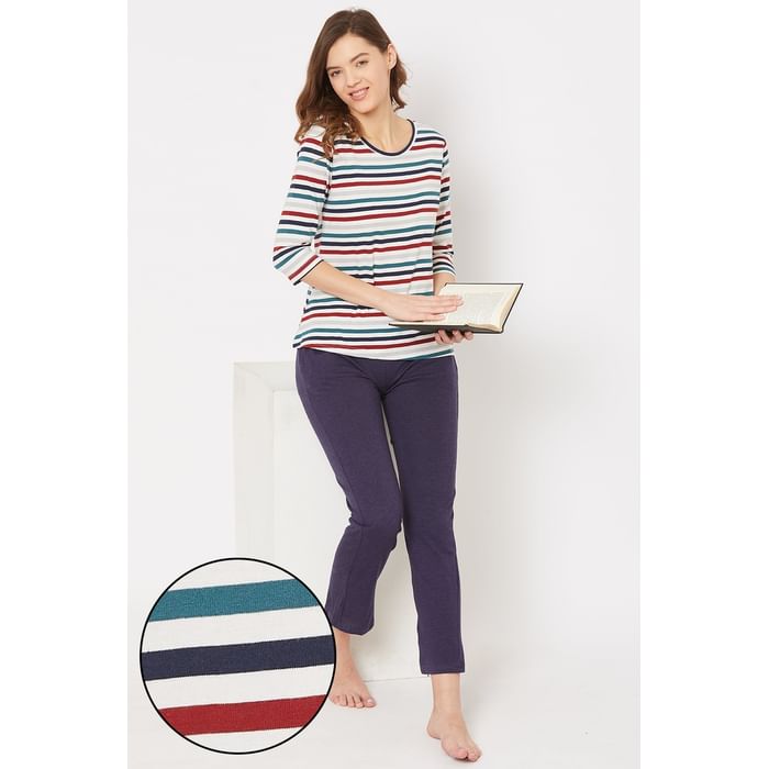 

Clovia Sassy Stripes Top & Pyjama in Multicolour - Cotton Rich - LSC148P19