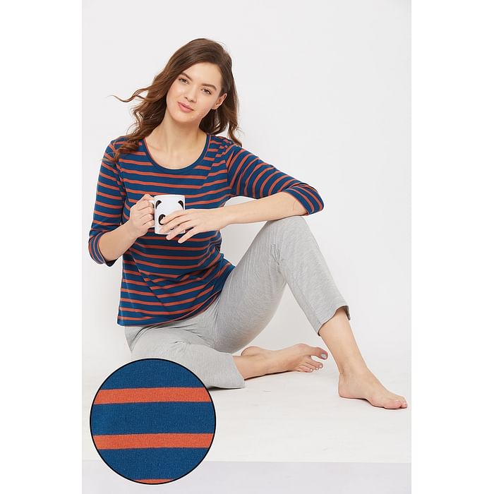 

Clovia Sassy Stripes Top & Pyjama in Navy & Grey - Cotton Rich - LSC148D08