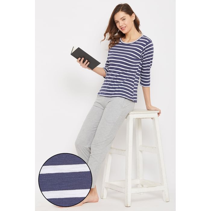 

Clovia Sassy Stripes Top & Pyjama in Navy & Grey - Cotton Rich - LSC148E08