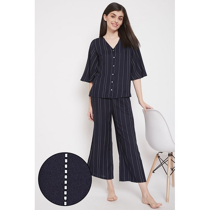 

Clovia Sassy Stripes Top & Pyjama in Navy - Rayon - LS0538D08