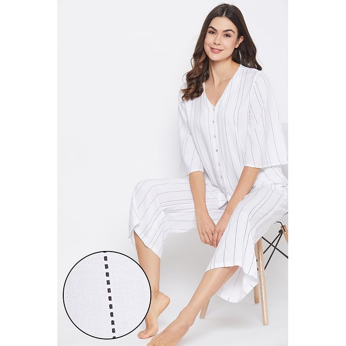 

Clovia Sassy Stripes Top & Pyjama in White - Rayon - LS0538A18