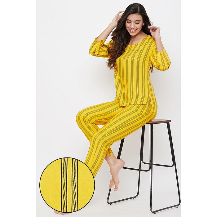 

Clovia Sassy Stripes Top & Pyjama in Yellow - Rayon - LS0566P07, Mustard