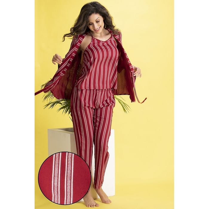 

Clovia Sassy Stripes 3 Piece Set- Top, Pyjama & Robe in Maroon - Rayon - LS0570P09