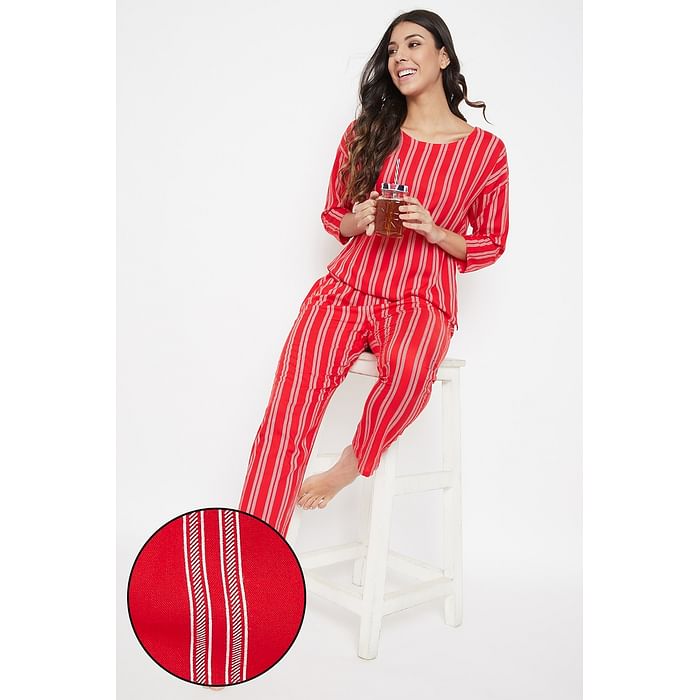 

Clovia Sassy Stripes Top & Pyjama Set in Red - Rayon - LS0566P04