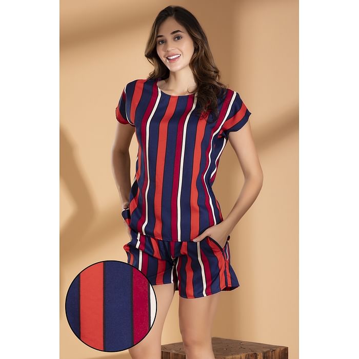 

Clovia Sassy Stripes Top & Shorts Set in Navy - Crepe - LS0533D08