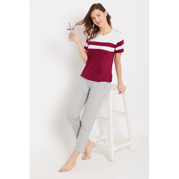 

Clovia Sassy Stripes Top & Solid Pyjama in Maroon & Grey - Cotton Rich - LSC156P09