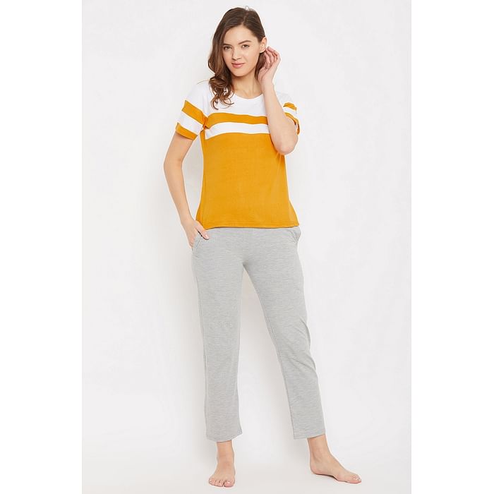 

Clovia Sassy Stripes Top & Solid Pyjama in Mustard & Grey - Cotton Rich - LSC156P07
