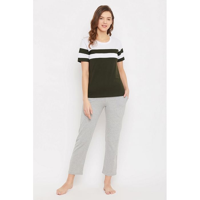 

Clovia Sassy Stripes Top & Solid Pyjama in Olive Green & Grey - Cotton Rich - LSC156P17, Dark green