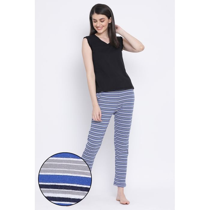 

Clovia Sassy Stripes Pyjama in Blue- Cotton Rich - LB0176S08, Navy