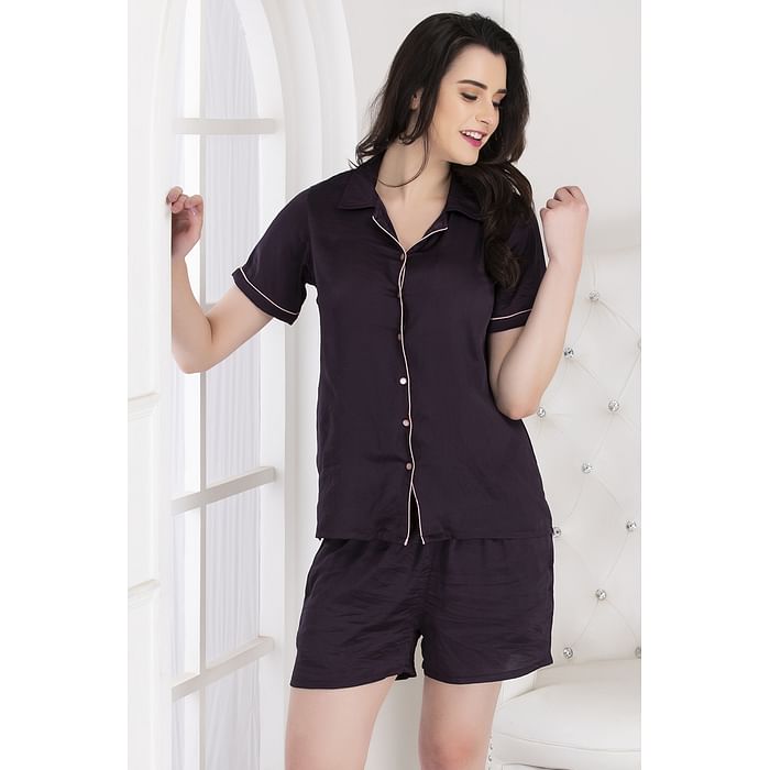 

Clovia Satin Button Down Shirt & Shorts - NS1190P15, Purple
