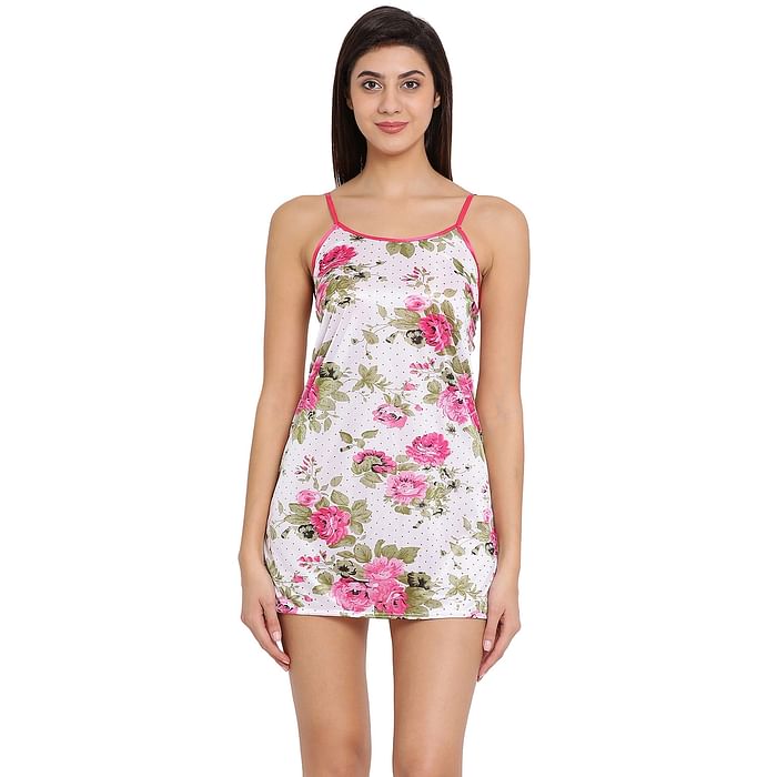 

Clovia Floral Print Babydoll in White & Pink - Satin - NS1129P22, Light pink