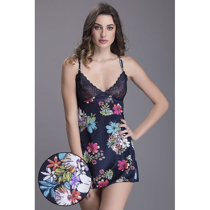 

Clovia Satin Floral Print Babydoll with Lacy Cups In Blue - NS0356A08, Navy