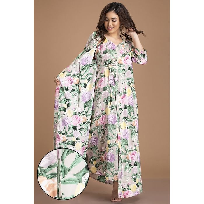 

Clovia Satin Floral Print Long Night Dress with Robe - NS1267R19, Multicolour