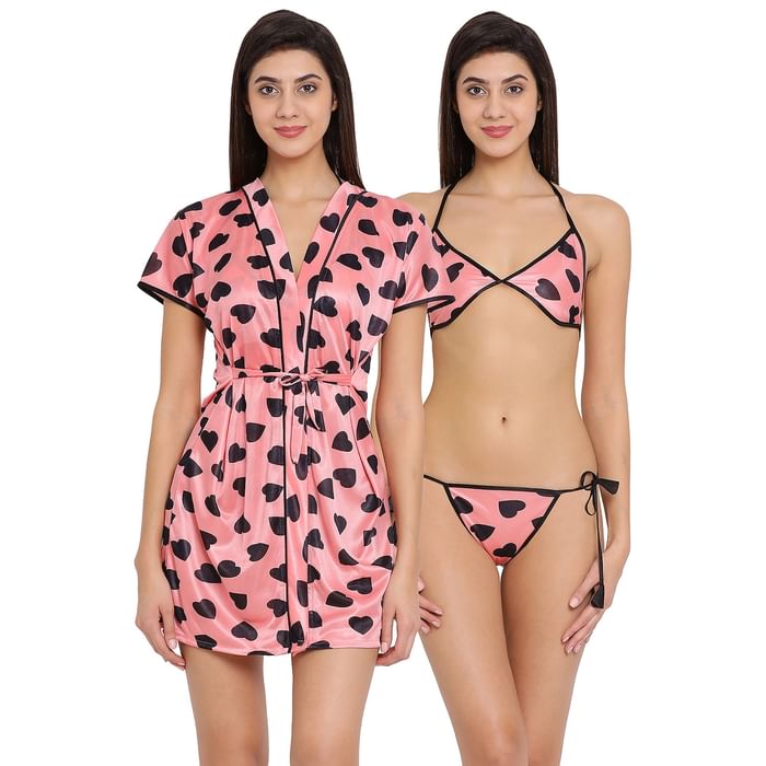 

Clovia Satin Heart Print Robe With Bra & Panty - NS1130P22, Light pink
