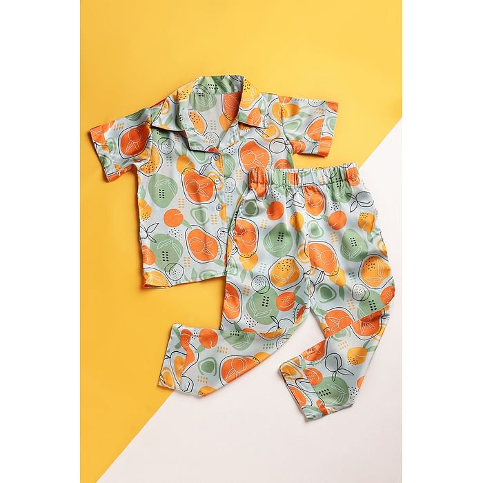 

Clovia Satin - Kids Shirt & Pyjama Set in Fruit Print - Blue - GLK020P03, Light blue
