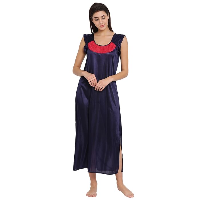 

Clovia Long Night Dress in Navy with Lace - Satin - NS1138P08