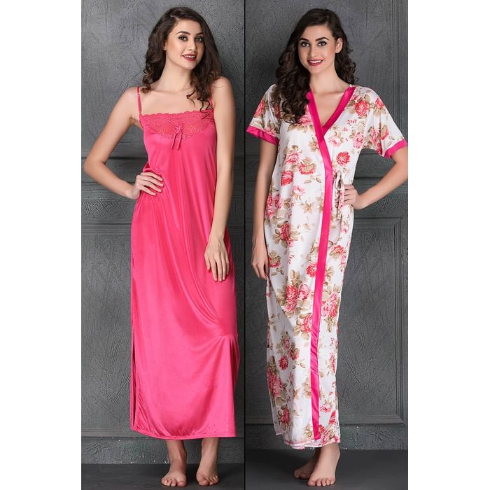 

Clovia Night Dress & Printed Robe - Satin - NS0706P22, Light pink
