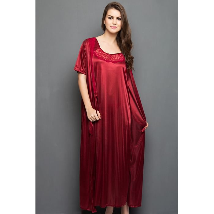 

Clovia Satin Night Dress & Robe Set - NSM389G09, Maroon