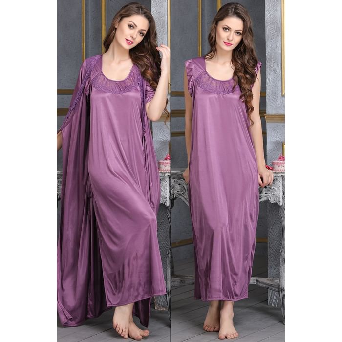

Clovia Satin Nighty & Robe Set - NSM389G12, Lavender