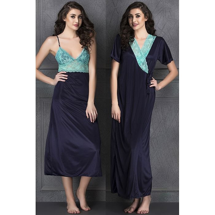 

Clovia Night Dress With Robe in Royal Blue - Satin - NS0850P08, Navy