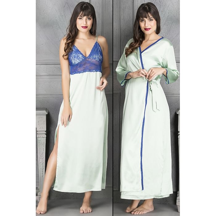 

Clovia Satin Night Dress with Robe - NS1018R11, Light green