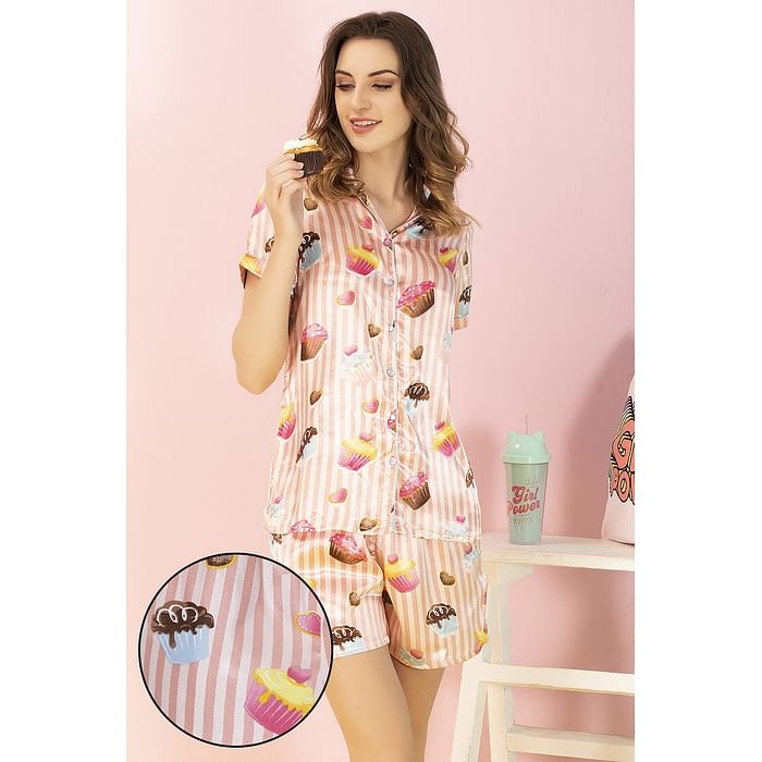 

Clovia Satin Printed Button Down Shirt & Shorts - NS0870A22, Light pink