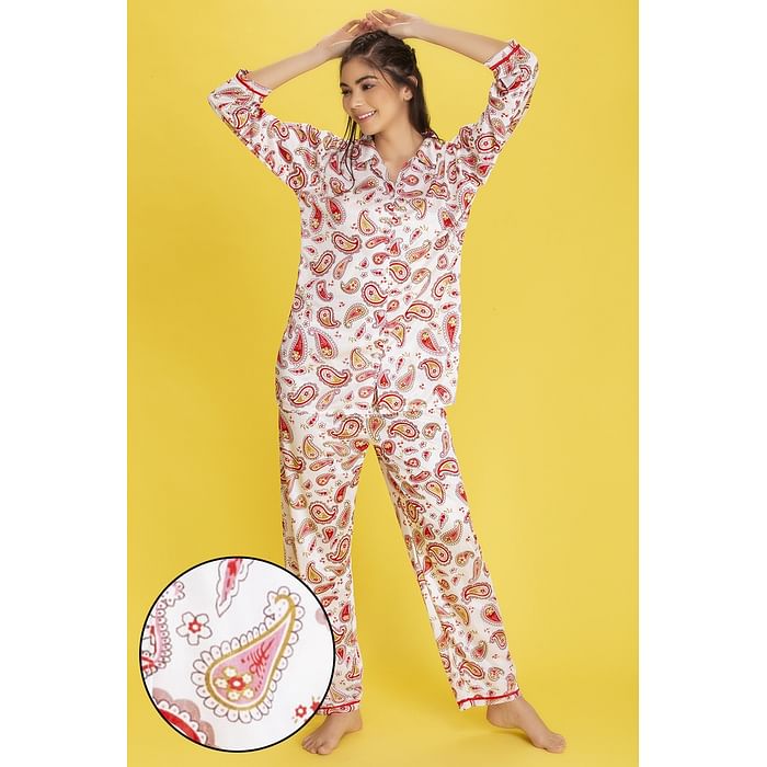 

Clovia Satin Printed Night Shirt & Full Length Pyjama - Pink - NS0652P22, Light pink