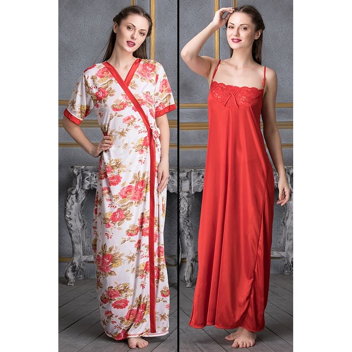 

Clovia Night Dress & Printed Robe - Satin - NS0706P04, Red