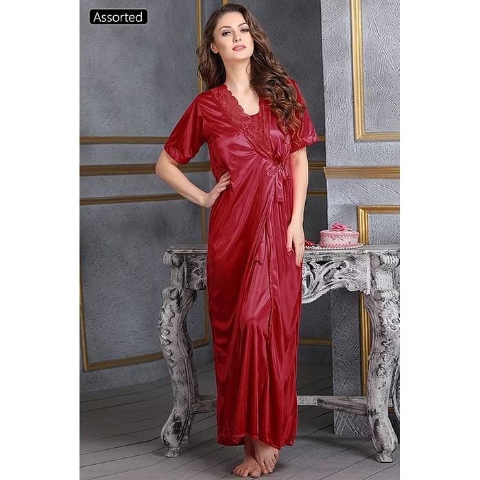 

Clovia Satin Robe In Maroon - NSM283P99, Assorted