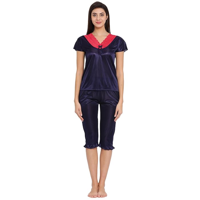 

Clovia Satin Top & Capri - NS1137P08, Navy