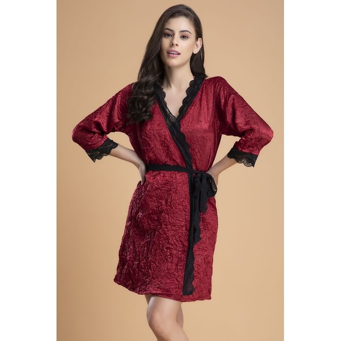

Clovia Self-Patterned Robe in Maroon - Crushed Satin & Lace - NS1410P09