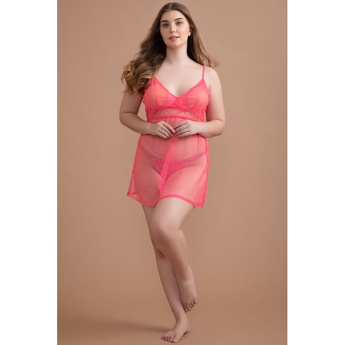 

Clovia Self-Patterned Sheer Babydoll in Light Pink with Matching Thong - Mesh - NS1405P22