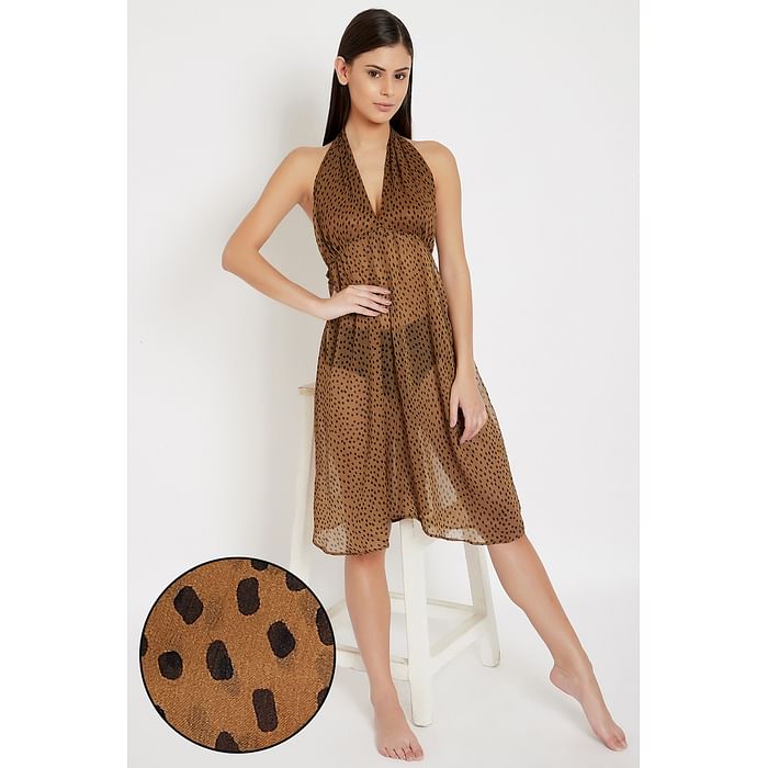 

Clovia Semi-Sheer Printed Halter-Neck Backless Resort Dress in Brown - Chiffon - RW0050P24, Nude-colour