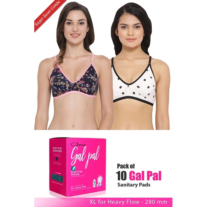 

Clovia Set of 2 Everyday Bra & Pack of 10 Gal Pal Pads - XL - BRC227A20, Assorted