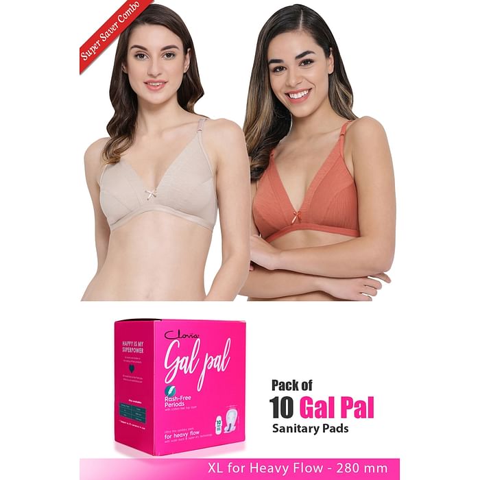 

Clovia Set of 2 Everyday Bra & Pack of 10 Gal Pal Pads - XL - BRC595M20, Assorted