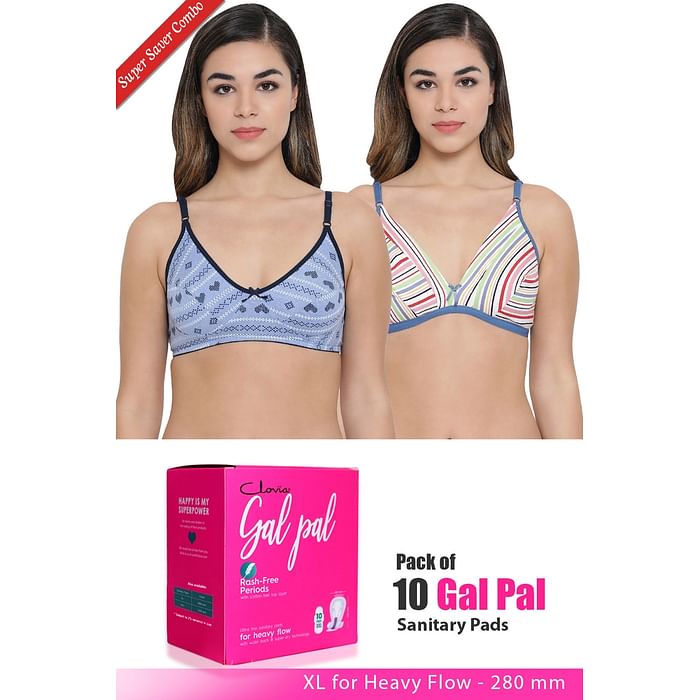 Clovia Set of 2 Everyday Bra & Pack of 10 Gal Pal Pads – XL – BRC595P20