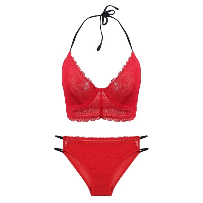 

Clovia Lace Non-Padded Underwired Bralette & Bikini - BP0800P04, Red