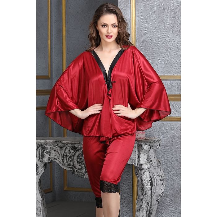 

Clovia 2 Pcs Satin Nightwear Set in Maroon & Black - Kaftan Top & Pyjama - NSM296P09