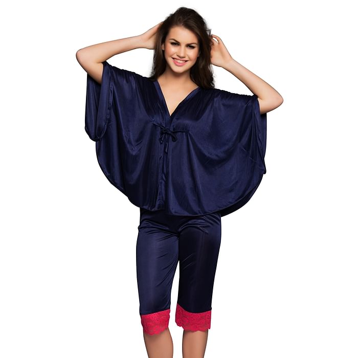 

Clovia 2 Pcs Satin Nightwear Set in Navy & Pink - Kaftan Top & Pyjama - NSM296P08