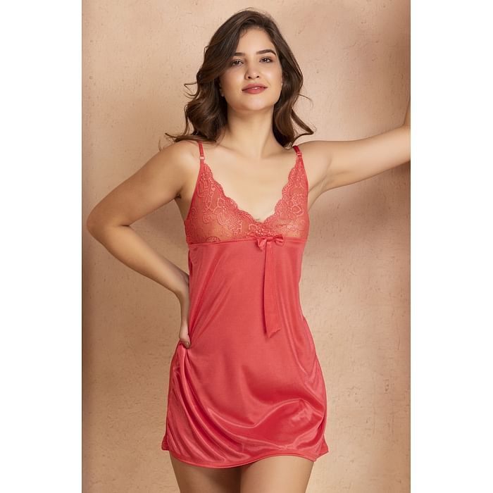

Clovia Sexy Short Nightdress In Coral With Laces - NS0466P16, Orange