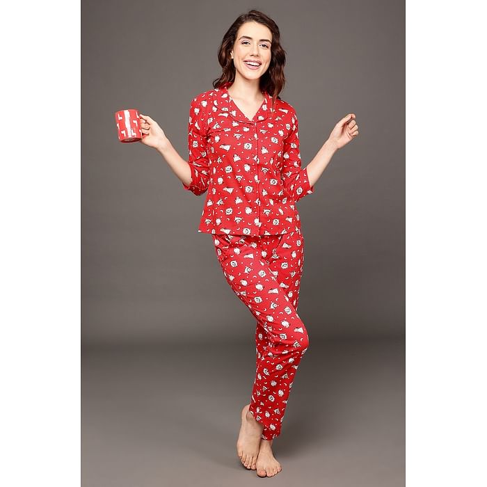 

Clovia Sheep Print Button Down Shirt & Pyjama Set in Red - 100% Cotton - LS0585P04