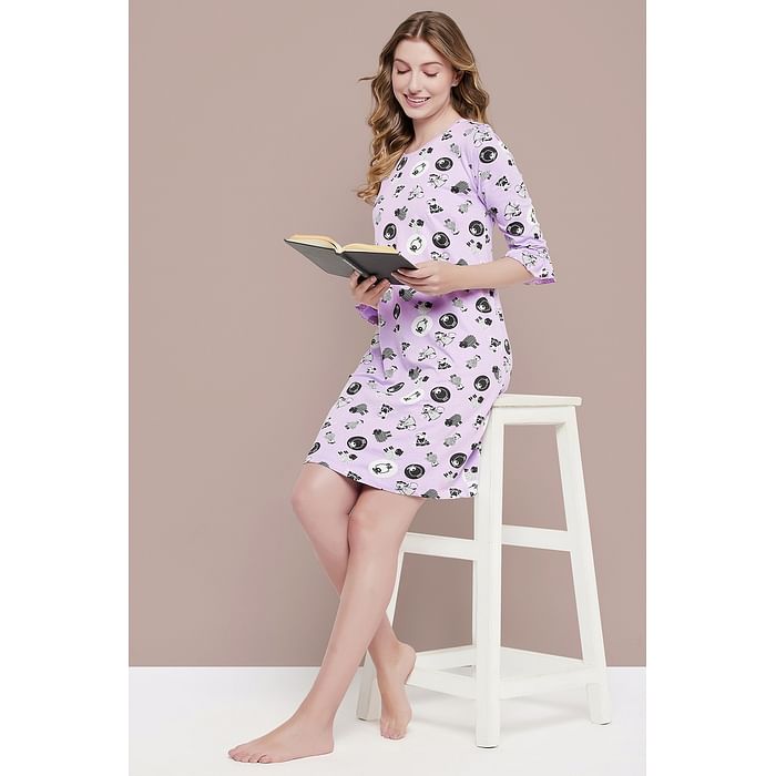 

Clovia Sheep Print Short Night Dress in Lavender - 100% Cotton - NS1365E12