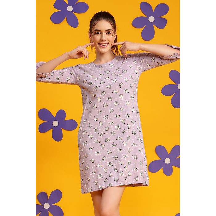 

Clovia Sheep Print Short Night Dress in Lilac - 100% Cotton - NS1365D12