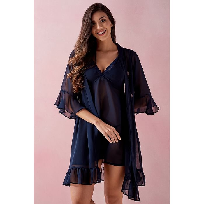 

Clovia Sheer Babydoll with Matching G-String & Robe in Navy - Georgette - NSC381P08