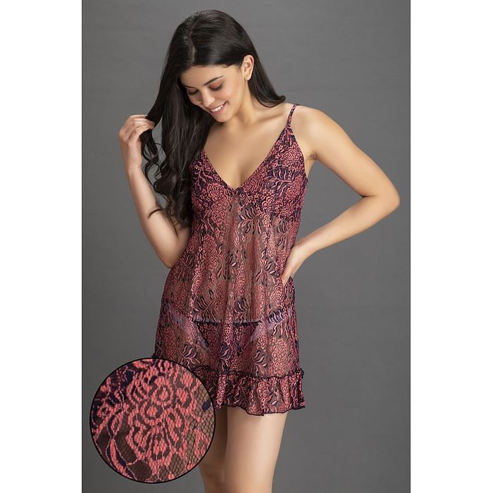 

Clovia Sheer Babydoll with a Matching Thong in Rose Brown - Lace - NS1300P06