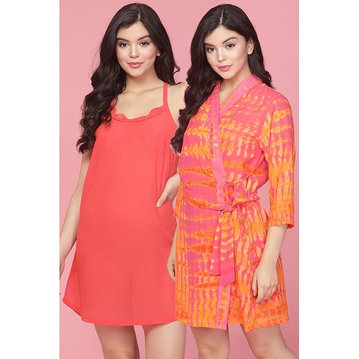 

Clovia Sheer Babydoll & Robe in Orange- Georgette & Lace - NSC329P16